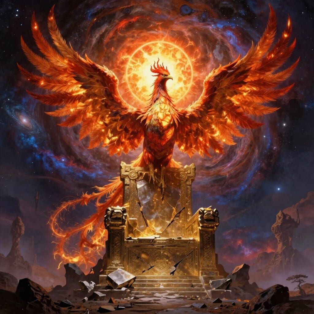 Majestic Phoenix on Obsidian Throne Under Alien Sky