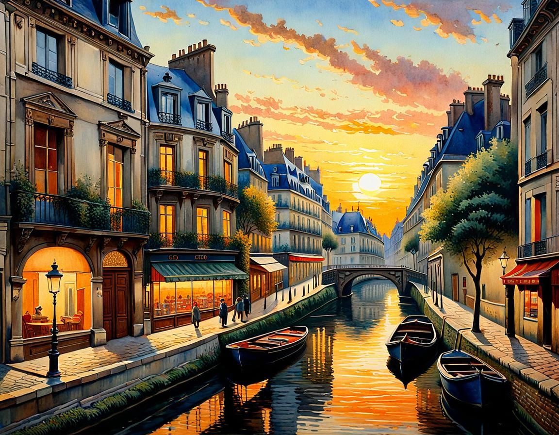 Paris Canal Sunrise: Stylized Watercolor Painting