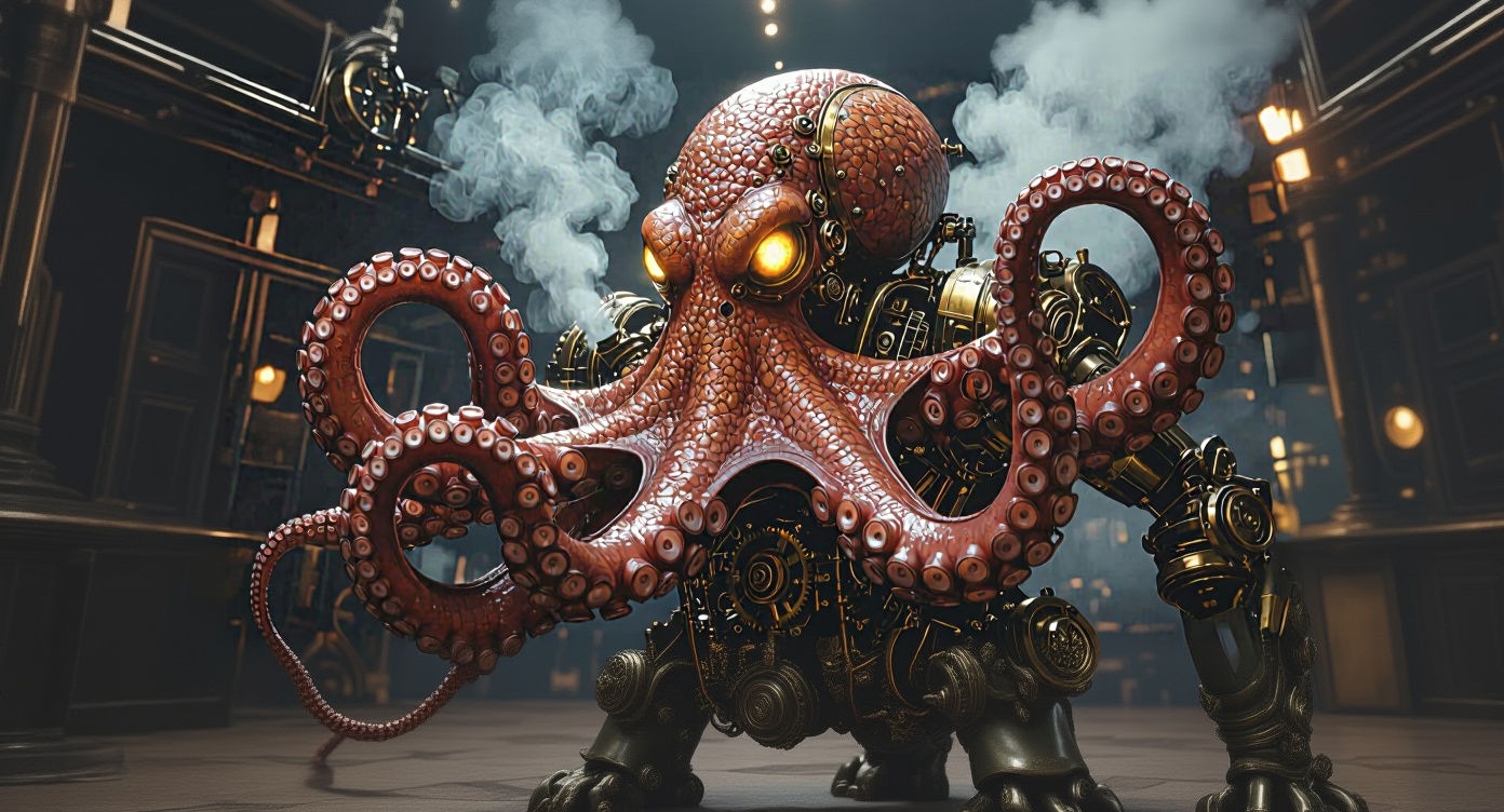 Steampunk Octopus in Robotic Exoskeleton Battle Pose