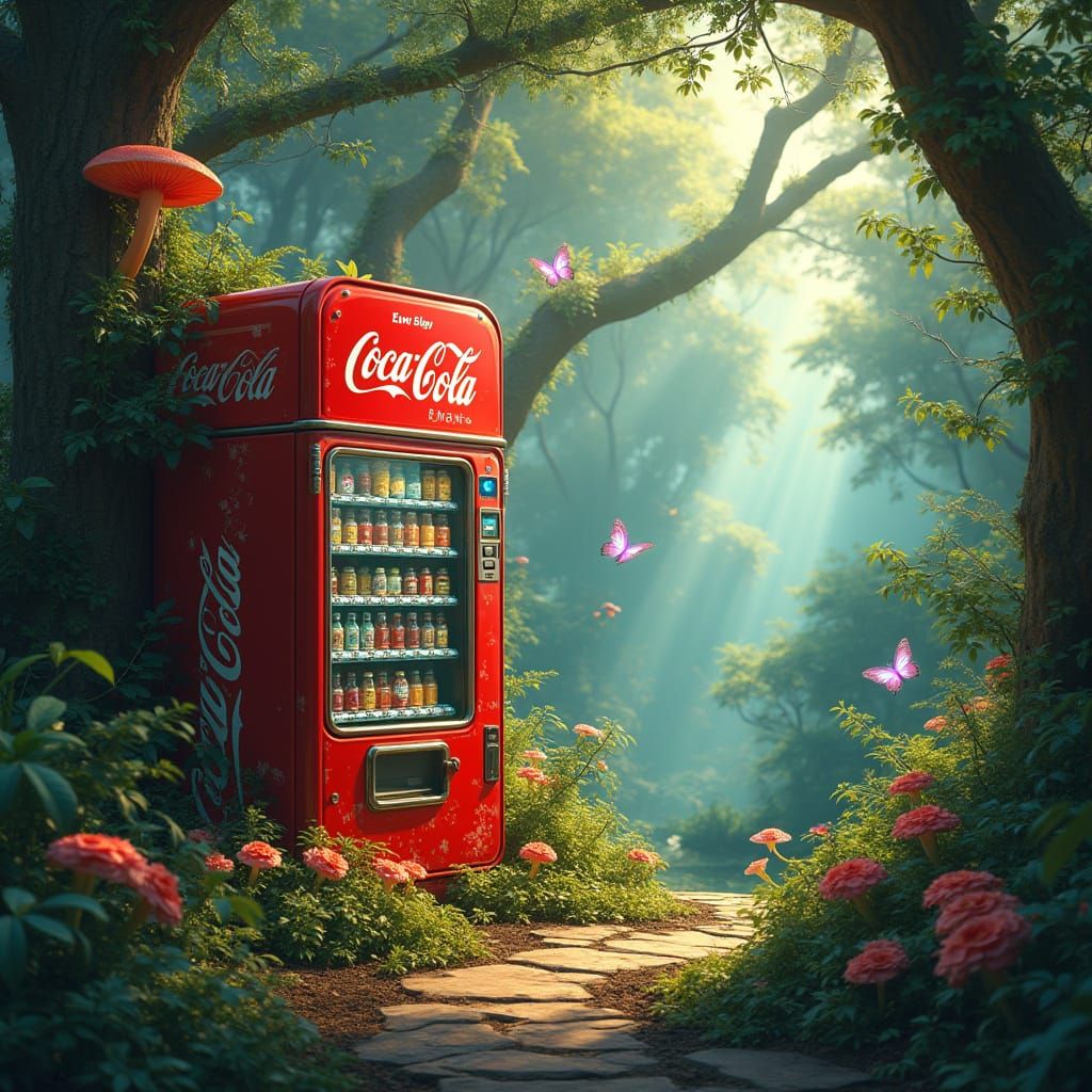 Retro-Futuristic Coca Cola Vending Machine in Mystical Jungl...