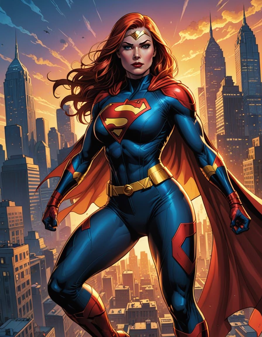 Confident Superheroine in Sunset Cityscape