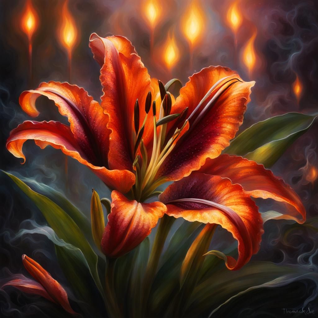 Fiery Lily with Embers and Smoke in Ethereal Style