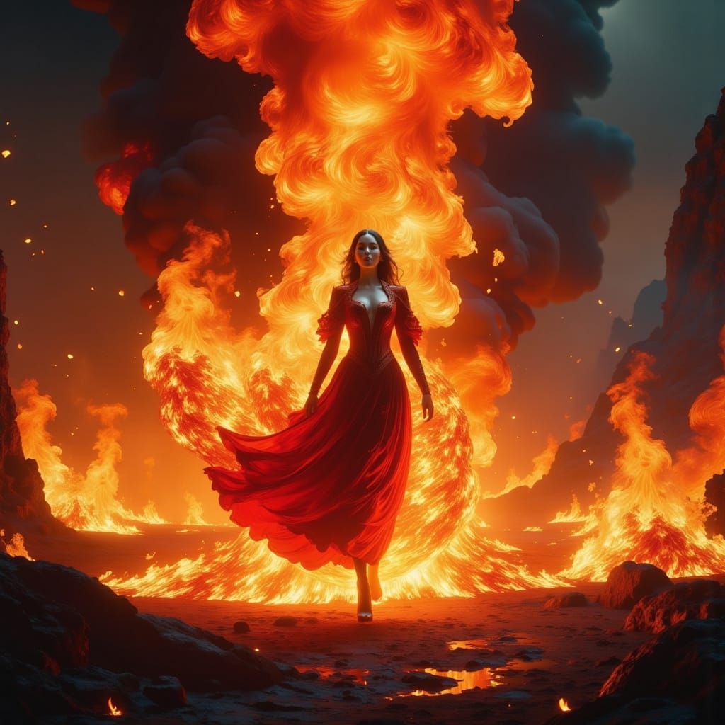 Fire Spirit Woman Amidst Volcano Eruption