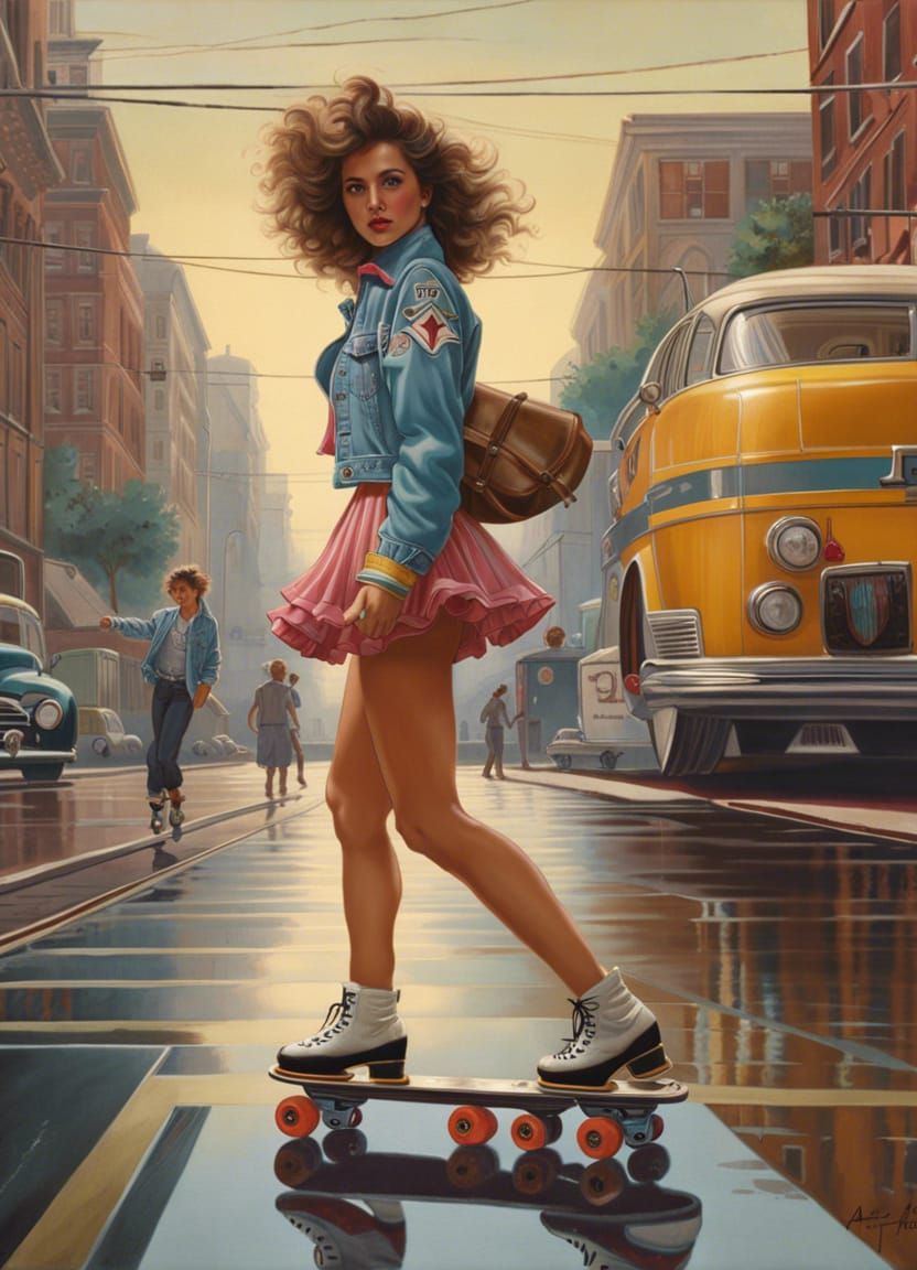 Iconic 80s Girl Roller Skating in Hyperrealism