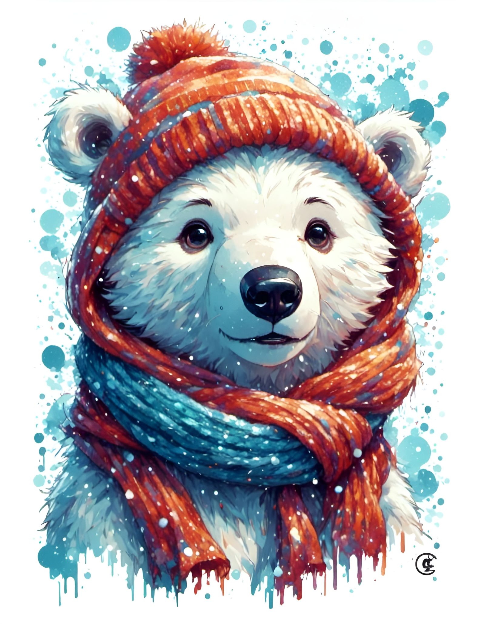 Charming Polar Bear Cub Portrait in Linework Style