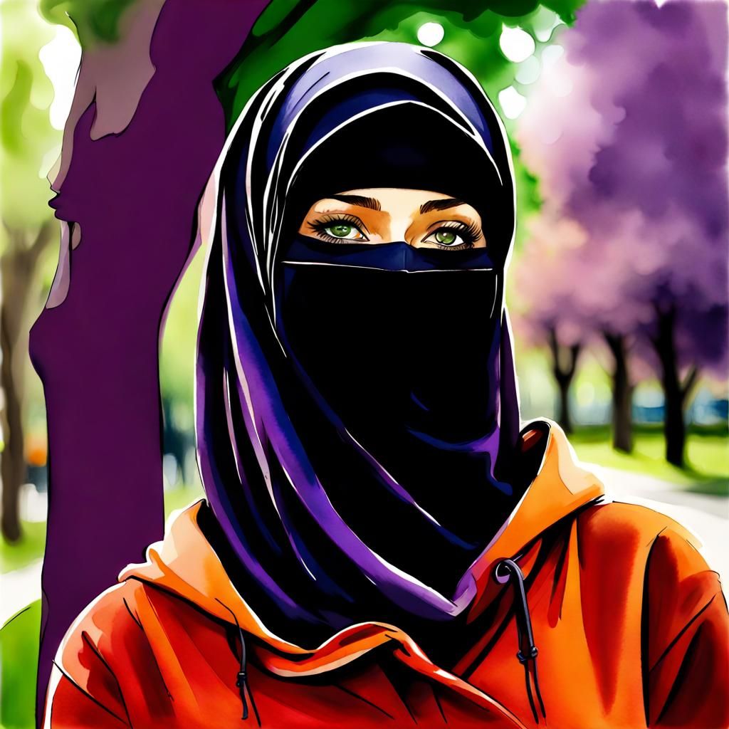 German Niqabi Woman in City Park, Watercolor Sketch
