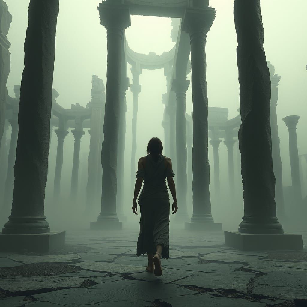 Surreal Figure Amidst Fractured Architecture