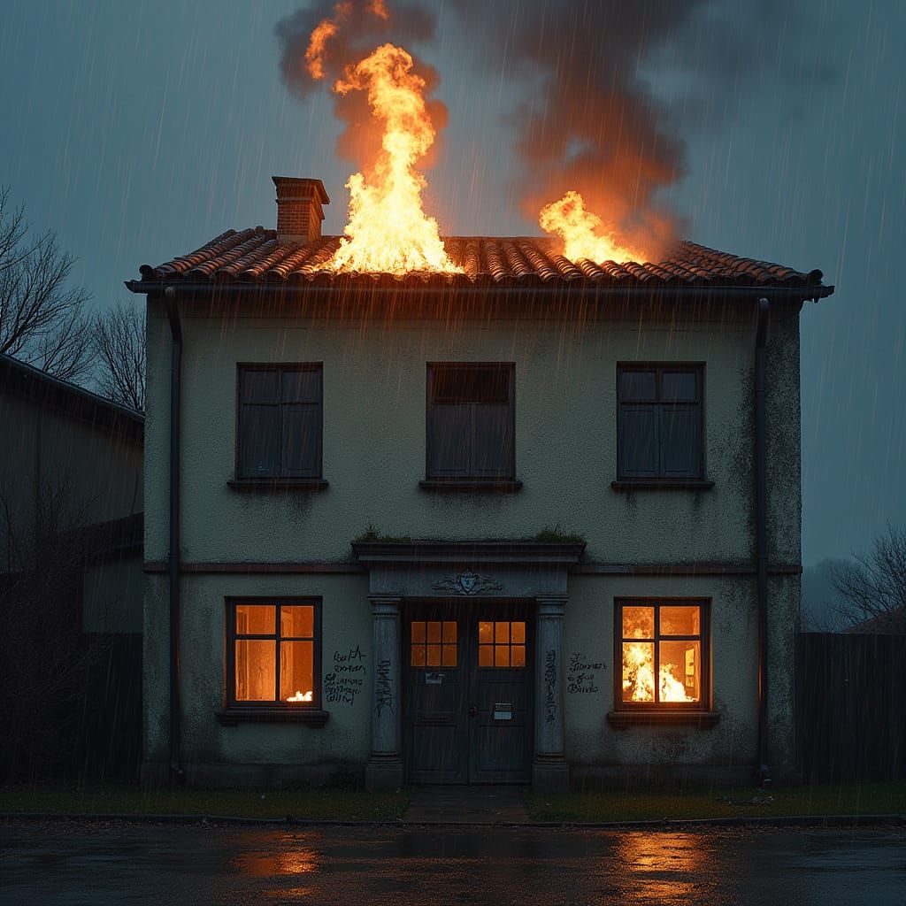 Surreal Cityscape in Flames with Graffiti Tag and Stormy Wea...