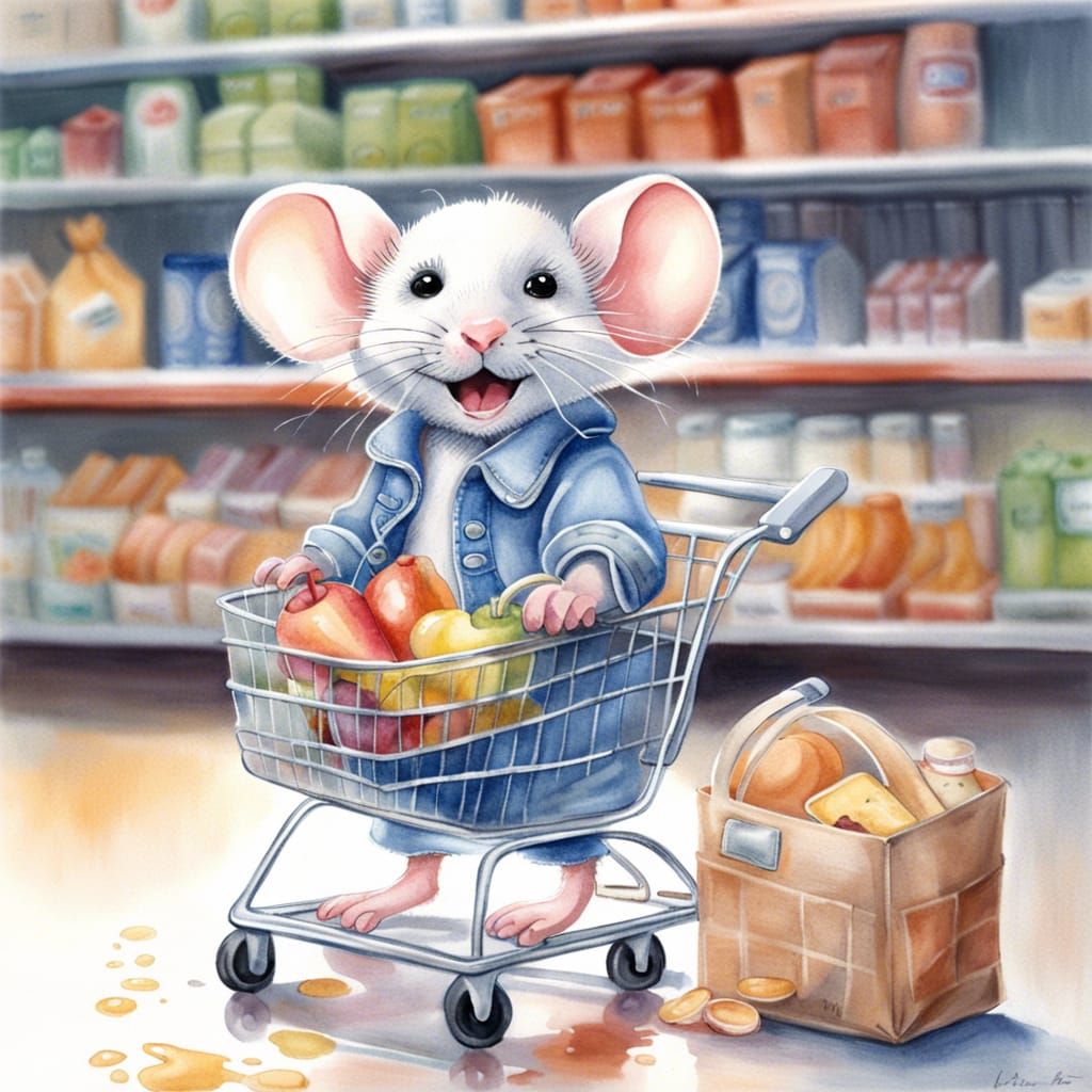 Cute Mouse Shopping in Watercolor Style