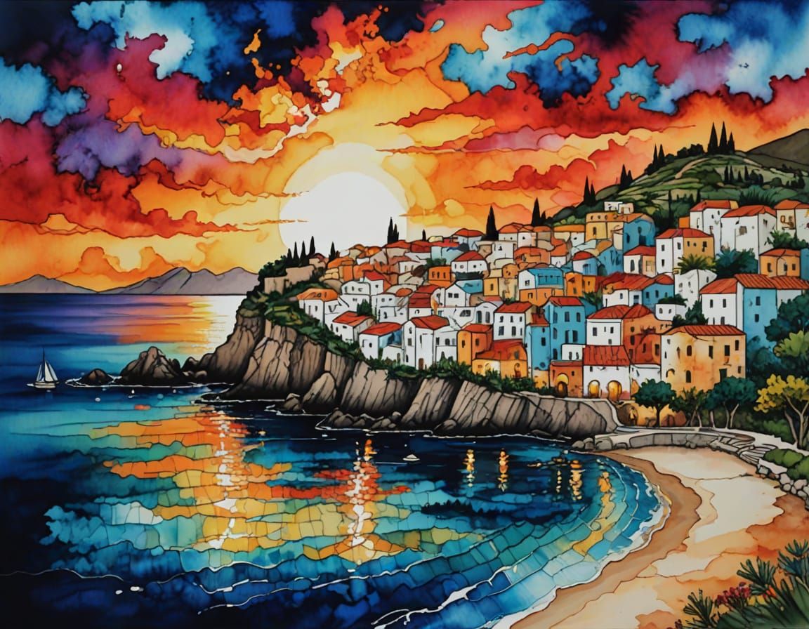 A Mediterranean beach sunset with a Greek village behind, fl...