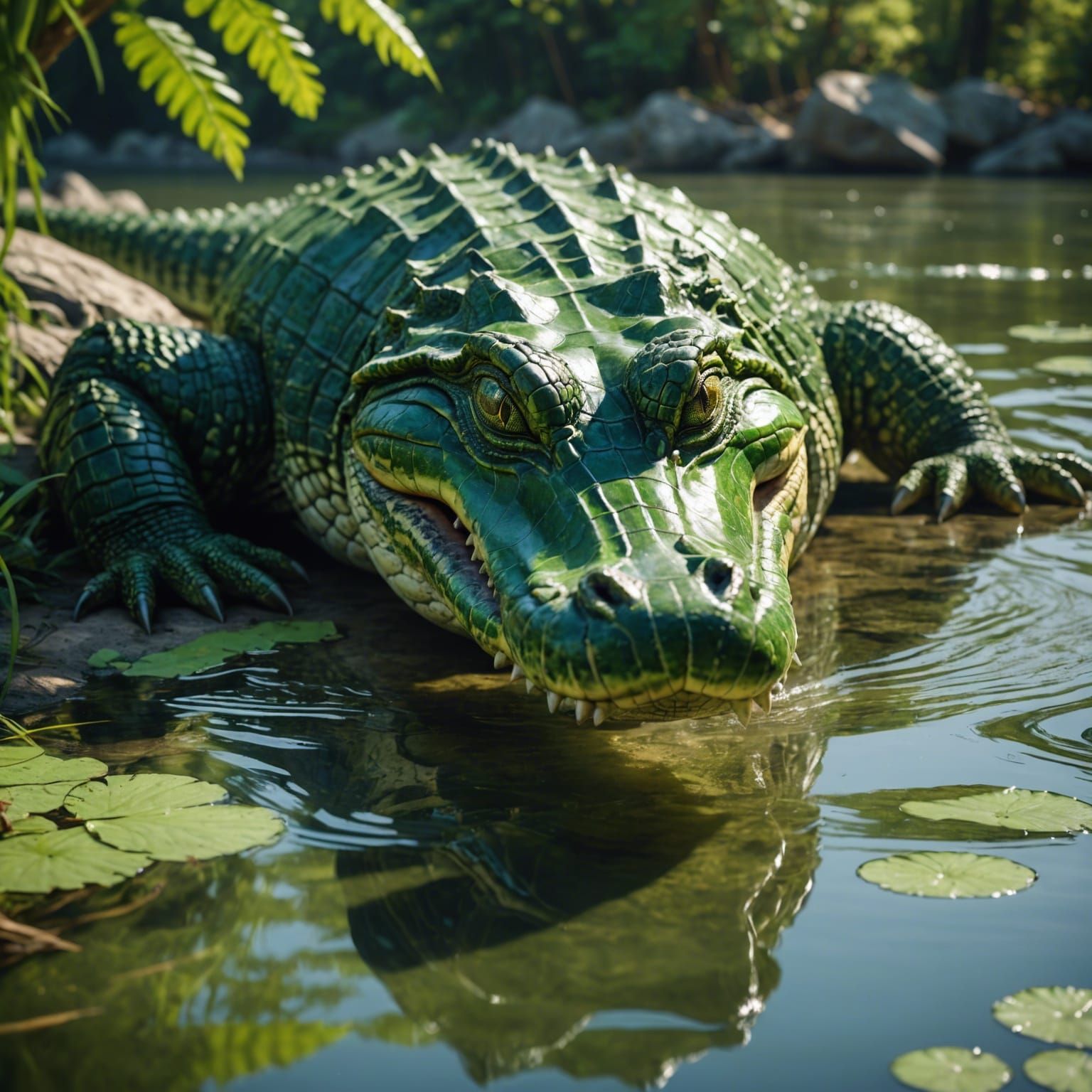 a large and powerful green alligator, sunbathing on the verd...