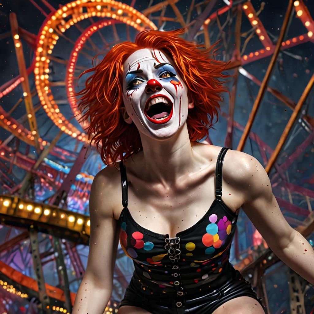 Screaming Clown on Rollercoaster in Digital Art Style