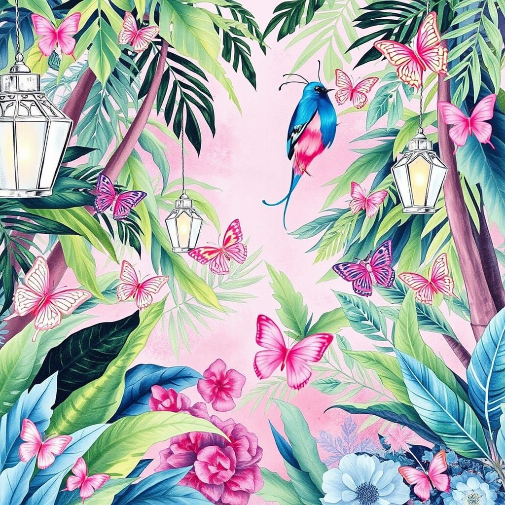 Pastel Pink Watercolour Jungle with Silver Lanterns