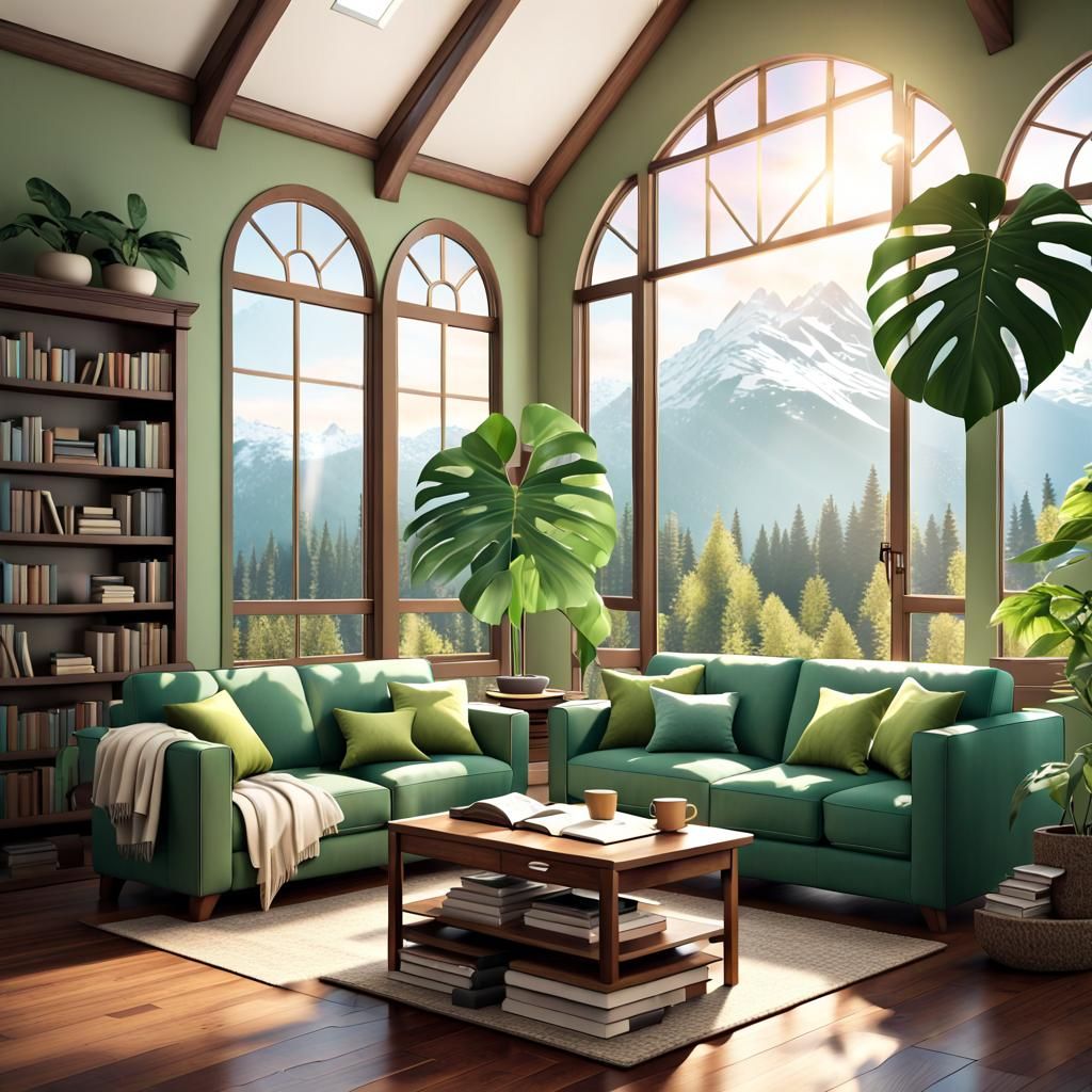 Cozy Room with Green Sofa and Mountain View