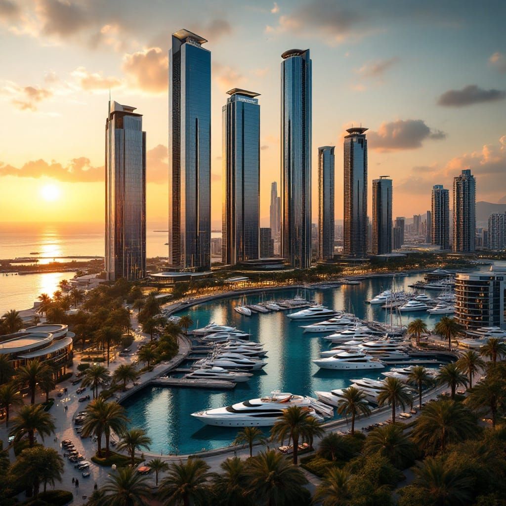 Latakia Cityscape at Sunset in Futuristic Luxury Style