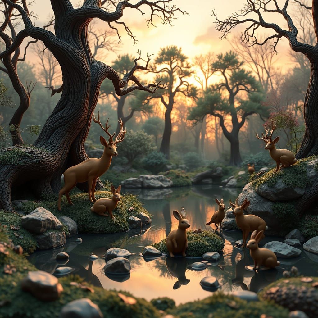 Fantastical Clay Wildlife Scene in Sunset Hues