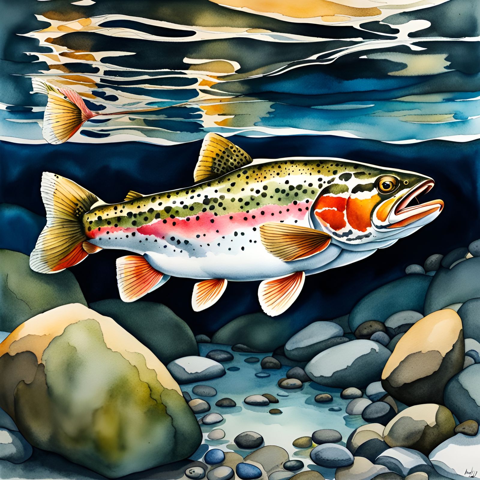 Realistic Trout in Underwater River: Watercolor Ink