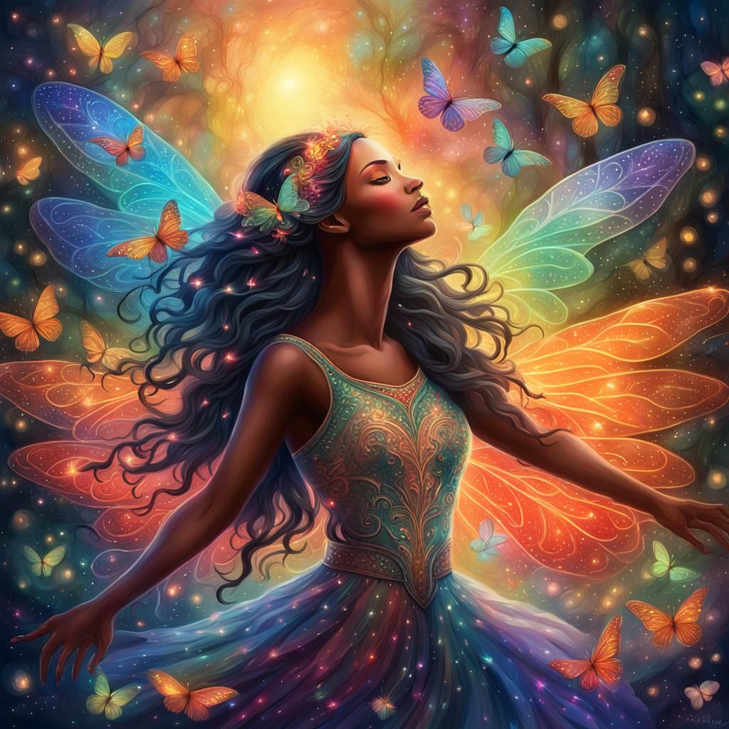 Ethereal Nymph Dancing with Fireflies: Digital Illustration