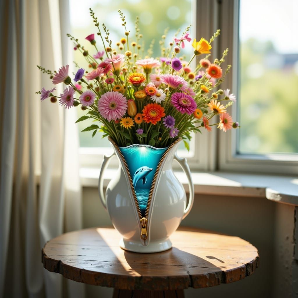 Unzipped Vase Reveals Ocean Scene with Dolphin, Surreal Art