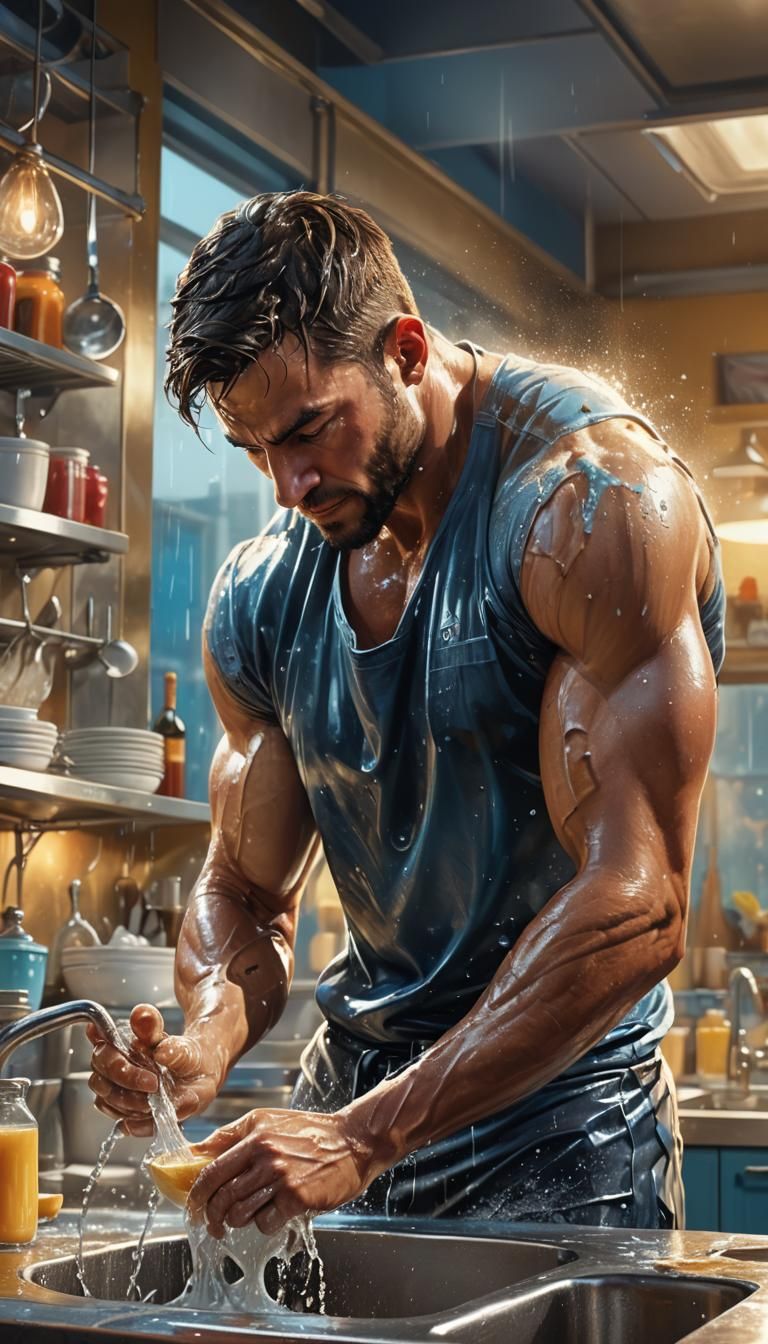 Muscular Man Washing Dishes in Restaurant, Hyperrealistic Ar...