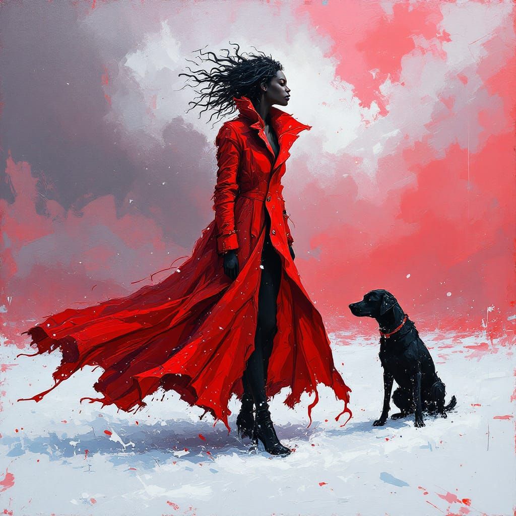 Woman in Red Coat With Dog in Snowy Landscape
