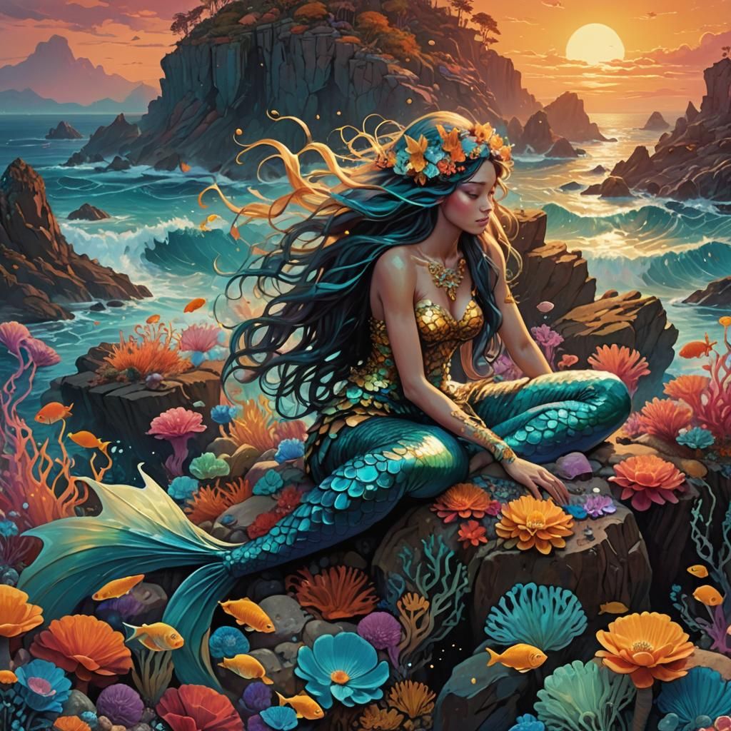 Mermaid on Sun-Kissed Beach in Surreal Style