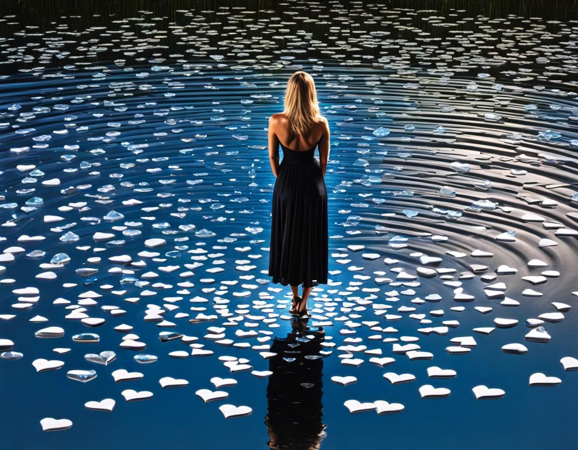 Woman and Floating Crystal Heart in Starfield