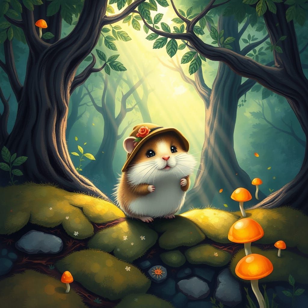 Fluffy Hamster Adventurer in Magical Forest