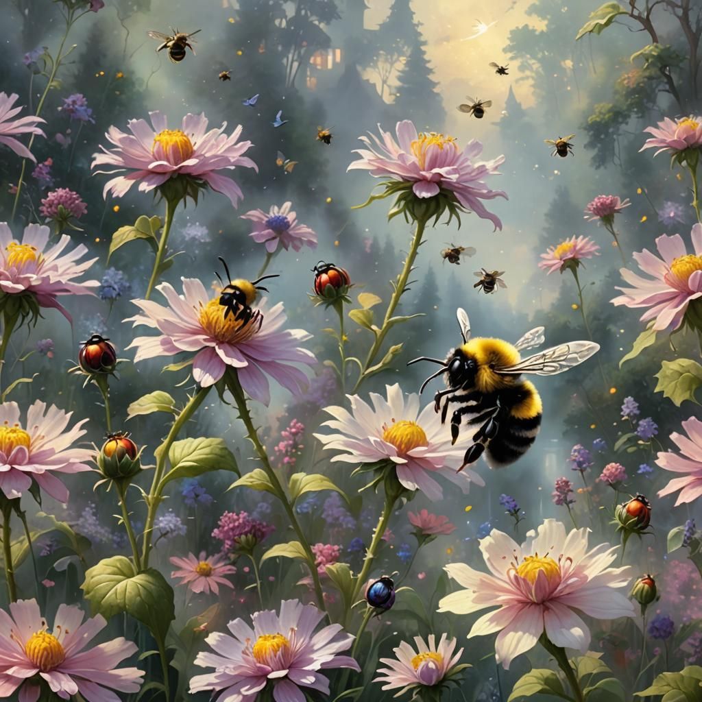 Bumble Bee Pollinating Flower in Ethereal Style