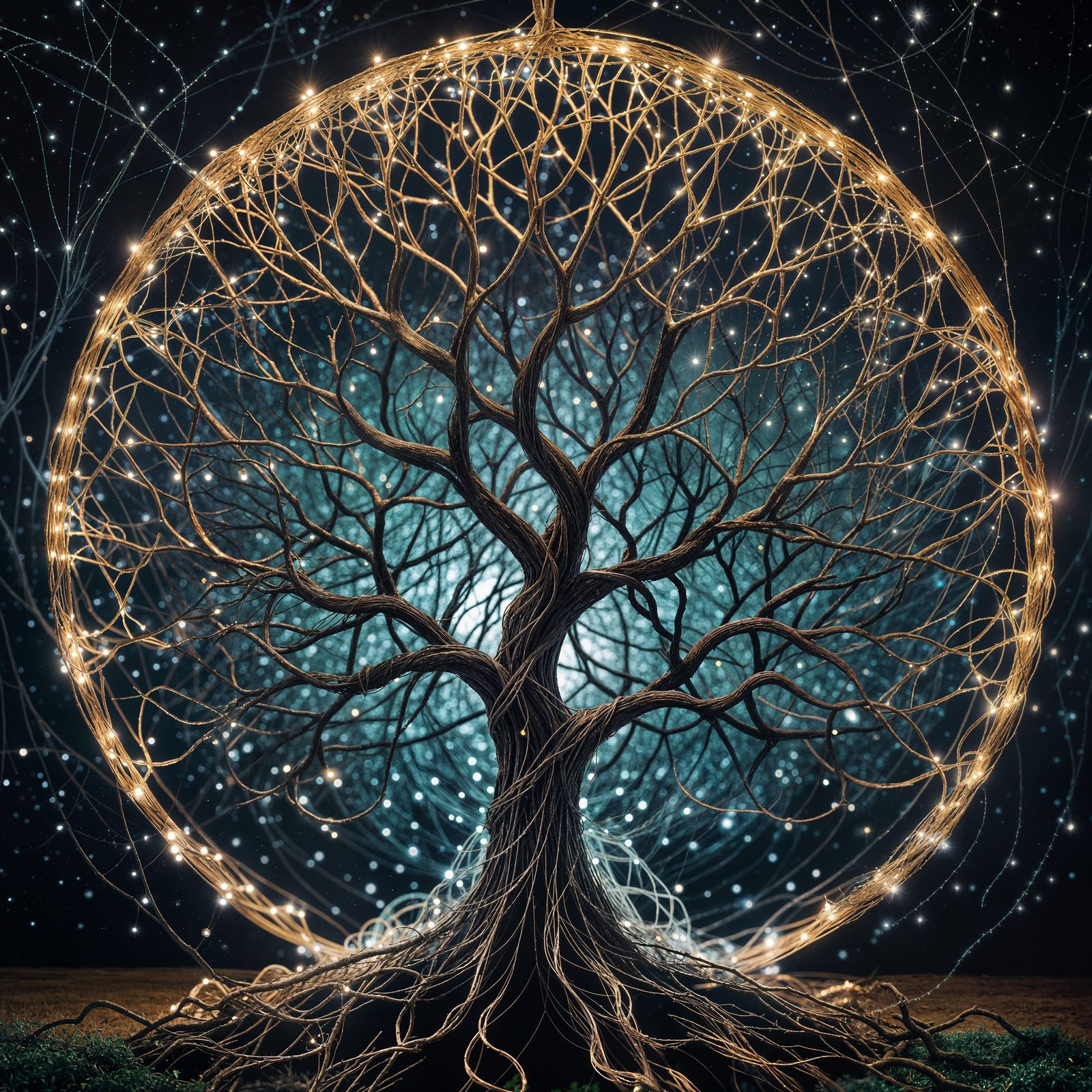 Celestial String Sculpture: Aurora's Web in Bioluminescent S...