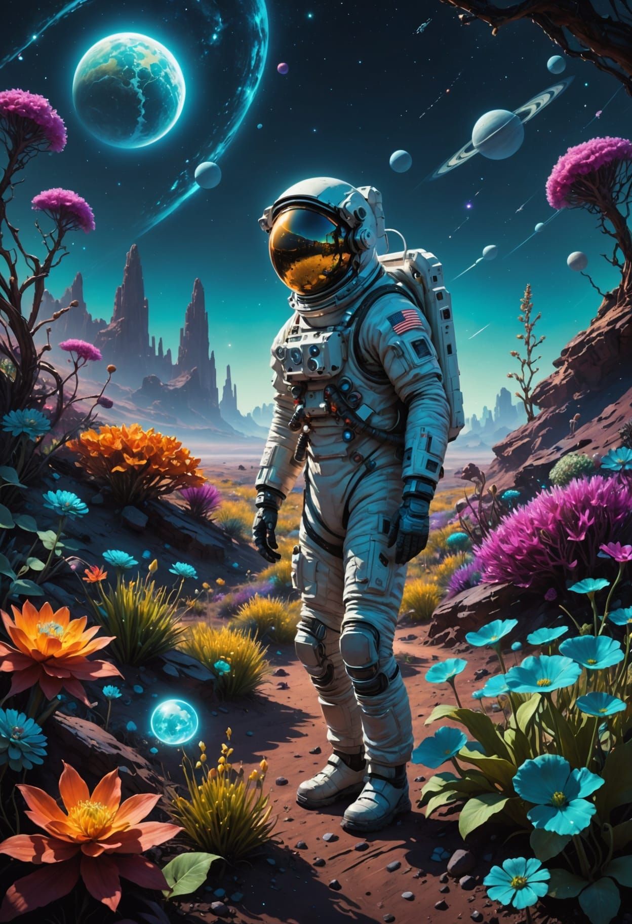 Astronaut Tends Bioluminescent Garden on Alien Exoplanet
