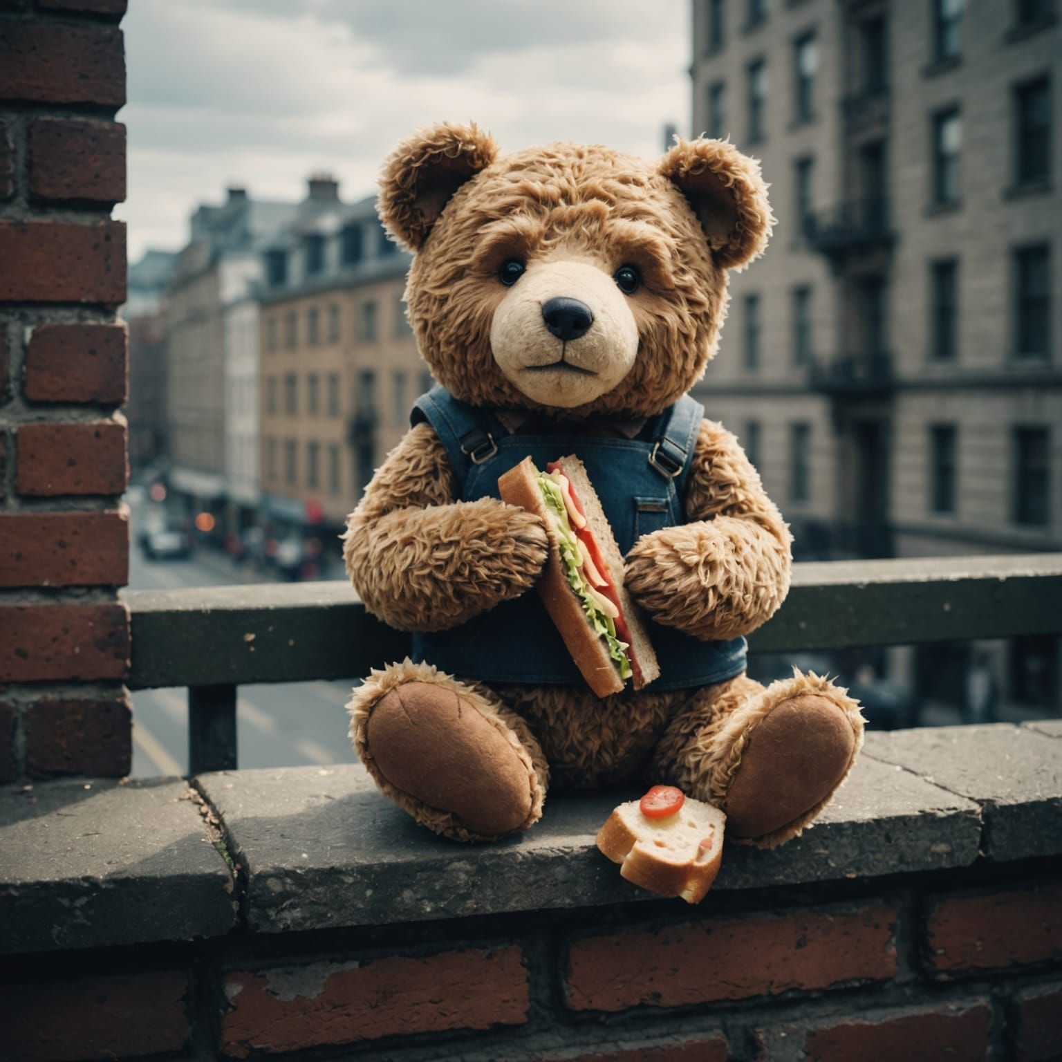 Teddy Bear Enjoying a Sandwich, Cinematic Still
