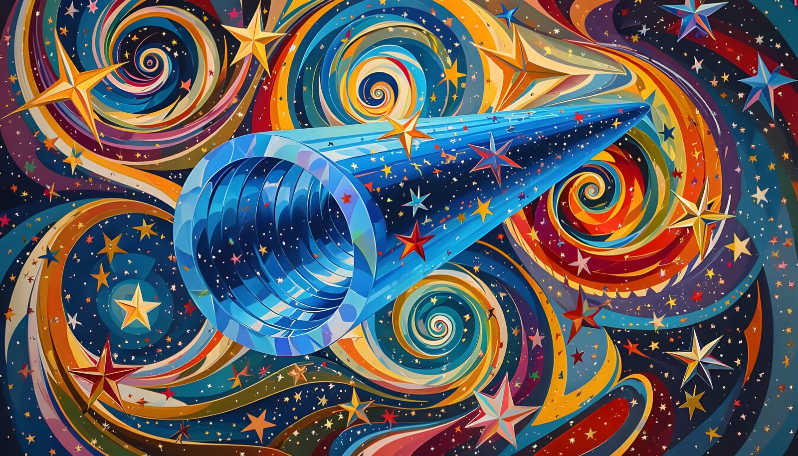 Iridescent Cosmos Mirrored in Spinning Metallic Cylinder