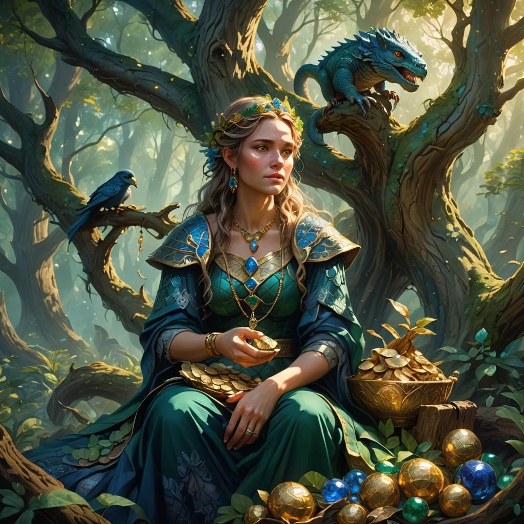 Scaled Woman Embraces Treasure in Mystical Forest