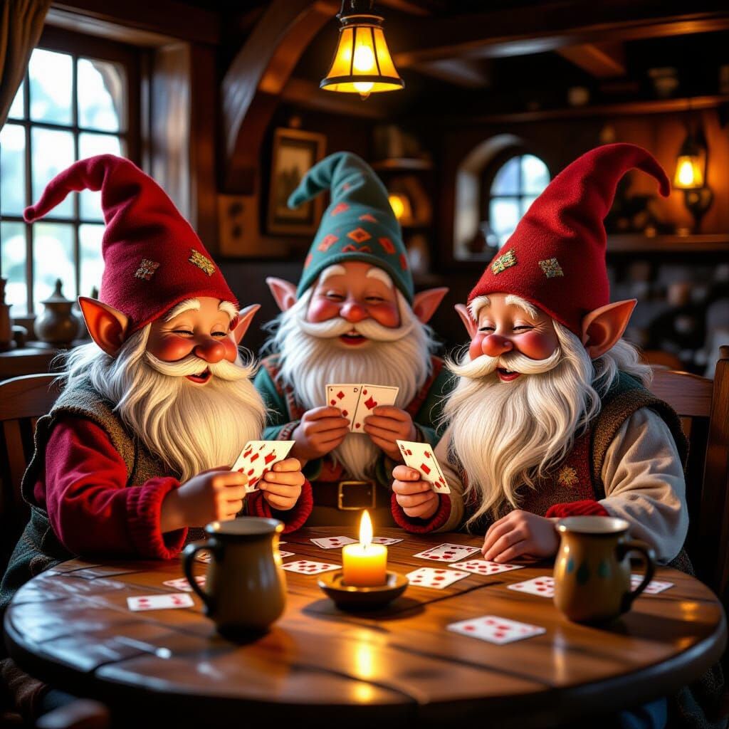 Gnomes Playing Cards in Candlelit Tavern