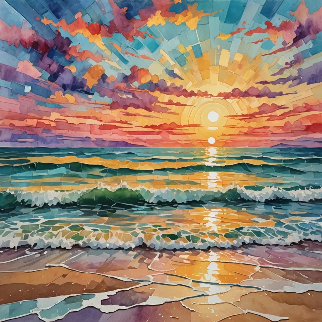 Beach Sunset: Geometric Abstract in Gouache Style