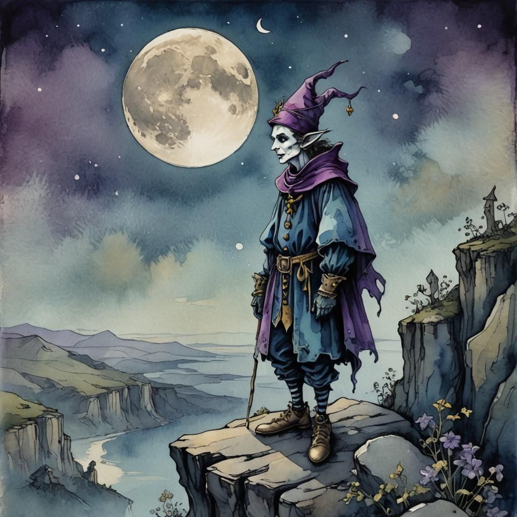 Gothic Tarot Card: Jester Gazing at Moon