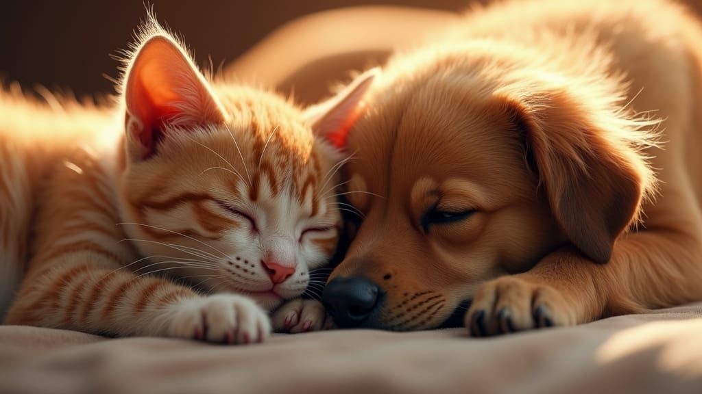 Cat and Dog Embrace: Artgerm, Rutkowski, and Mucha Styles