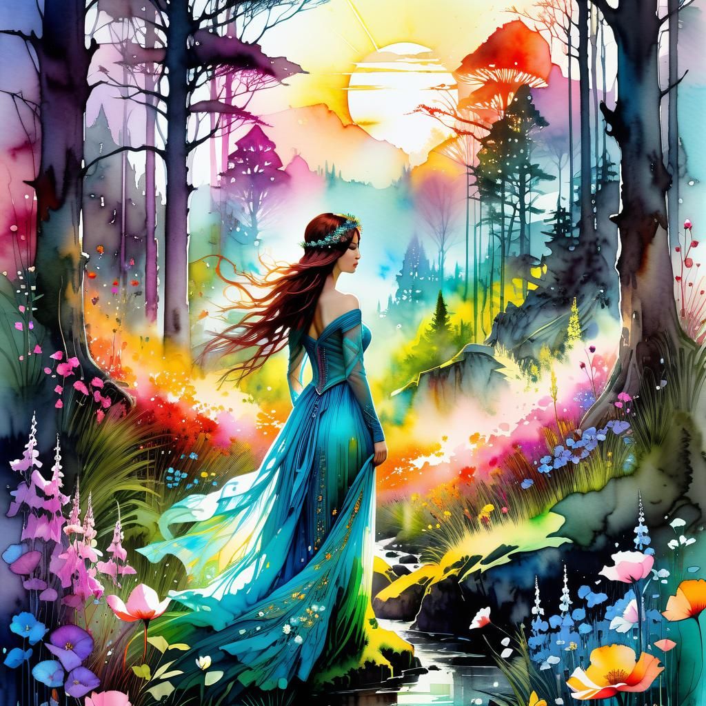 Spring Fantasy Realm: Digital Watercolor Art
