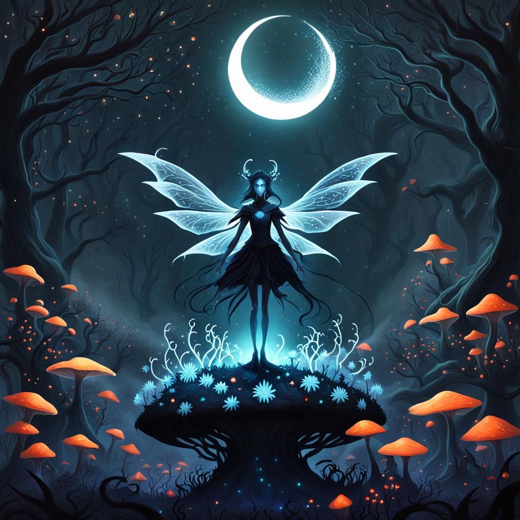 Fae Woman on Bioluminescent Mushroom, Surreal Art