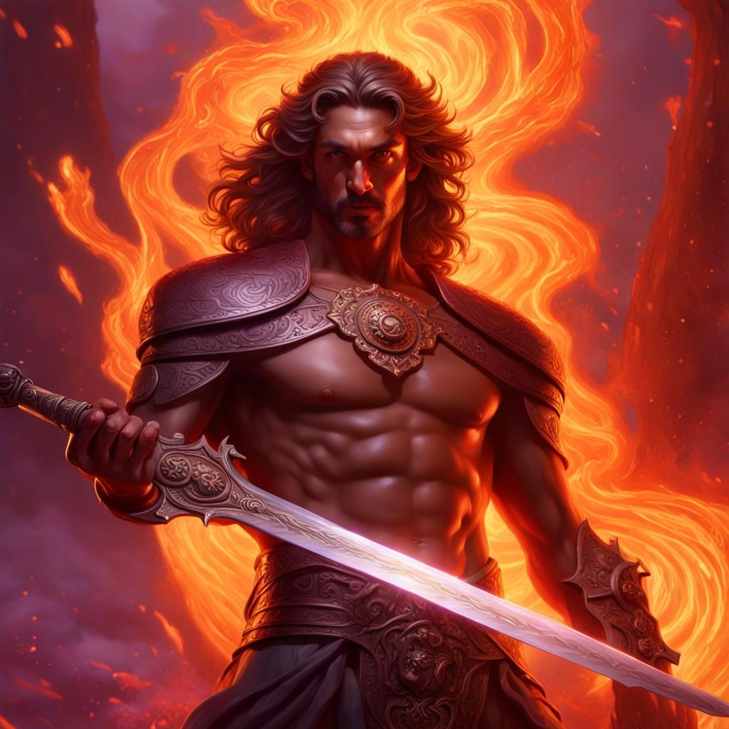 Fiery God Wielding Sword in Dark Fantasy Style