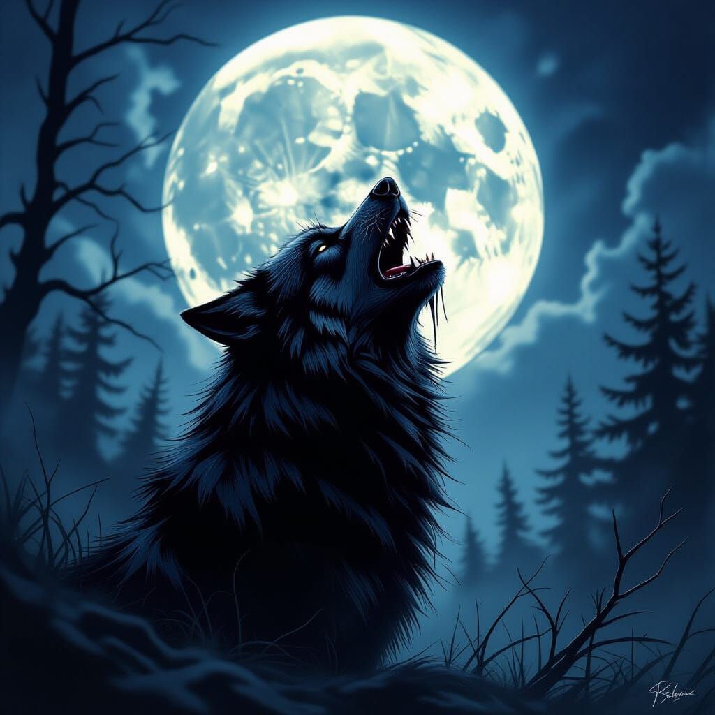 Black Wolf Howls in Grief and Rage at Moon