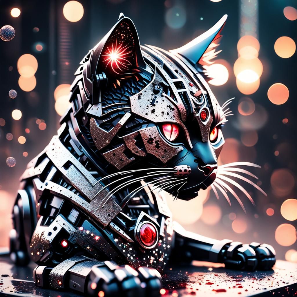 Cyberpunk Robot Cat Dripping Blood in Action