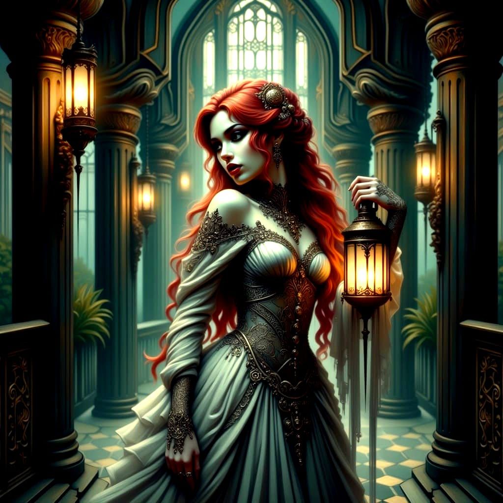Romantic Goth Woman with Lantern in Dark Hall