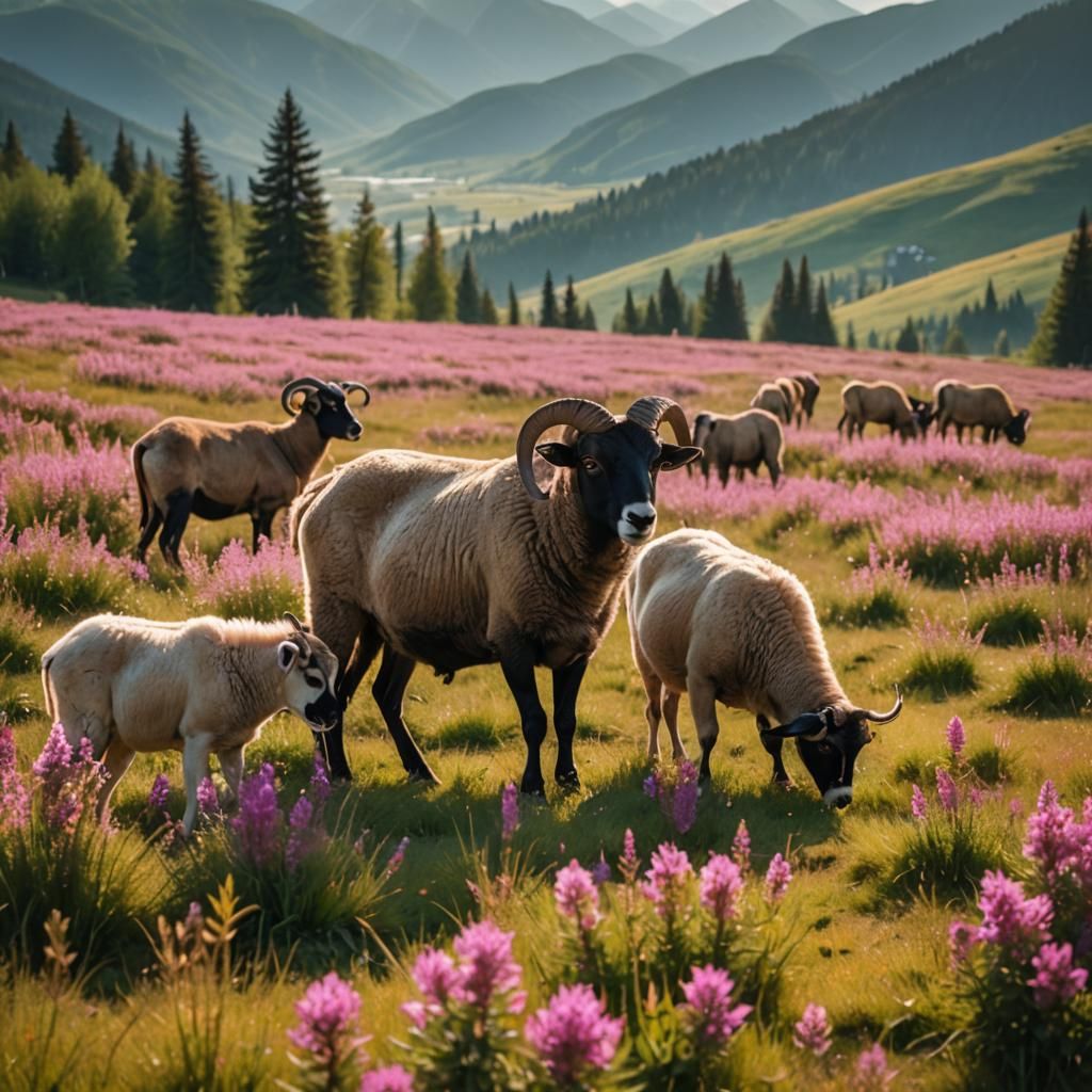 Rams Grazing in Carpathian Polonyna at Golden Hour