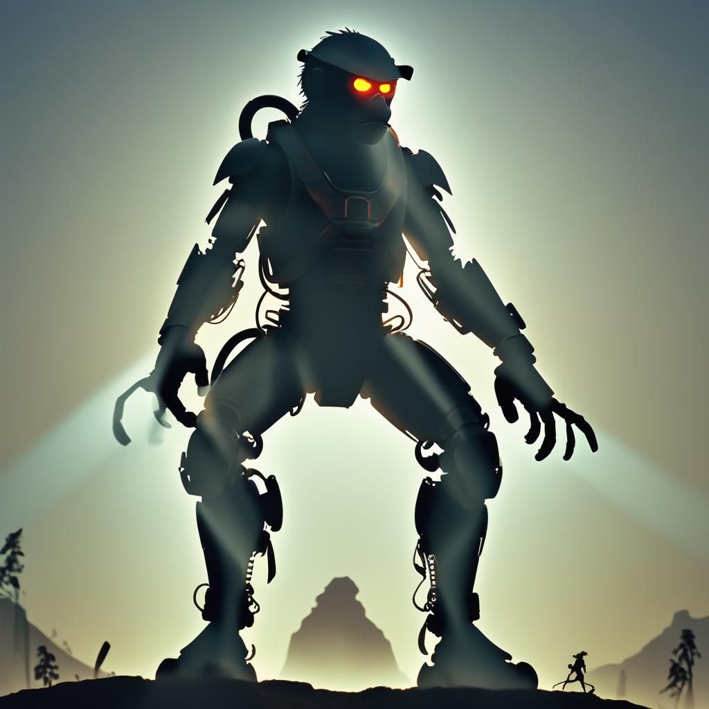 Monkey Robot Ninja Silhouette in Cinematic Style