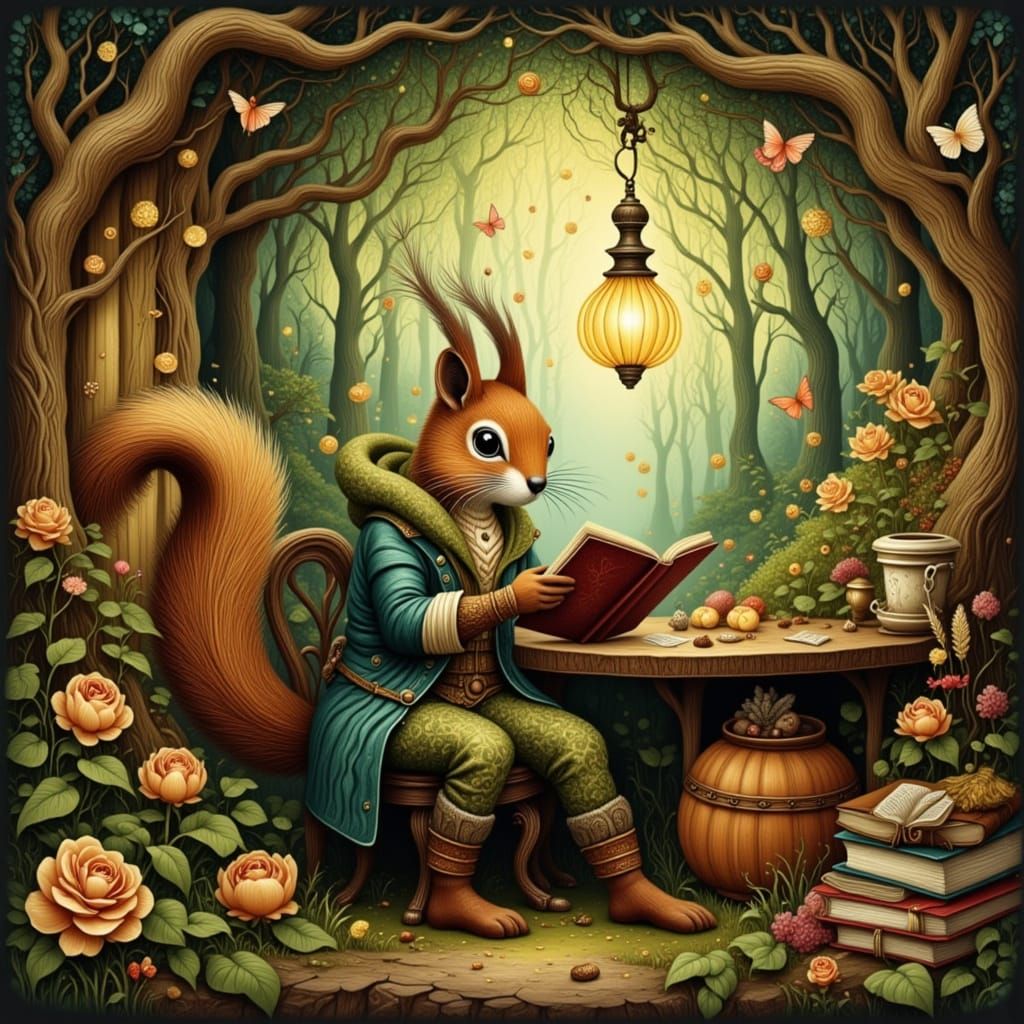 Enchanting Squirrel in Woodland Cafe, Fantasy Art