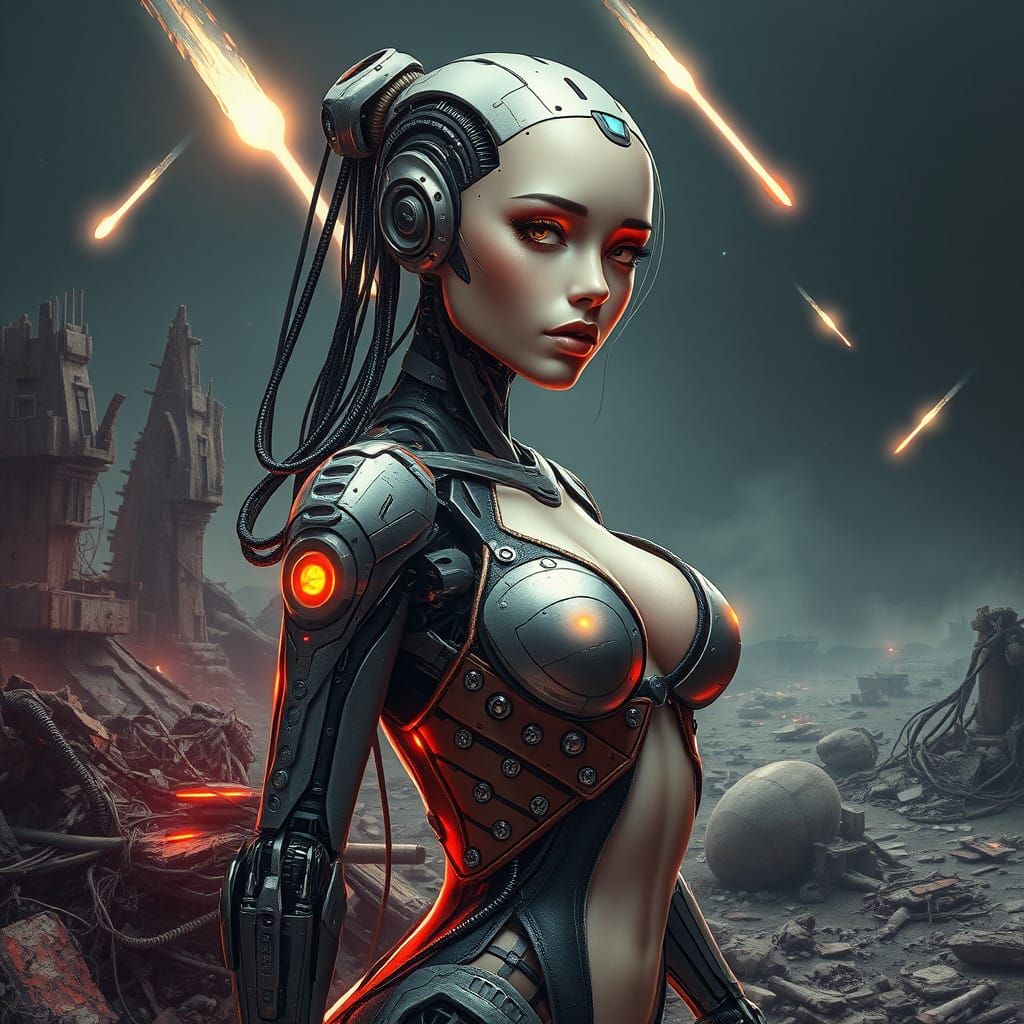 Cybernetic Goddess Unveiled in Futuristic Abandoned Cityscap...