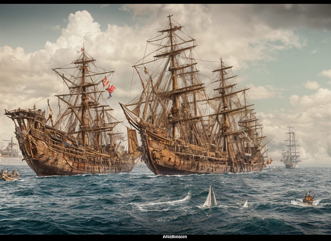 Elegant Wooden Ships Sailing in Serene Waters