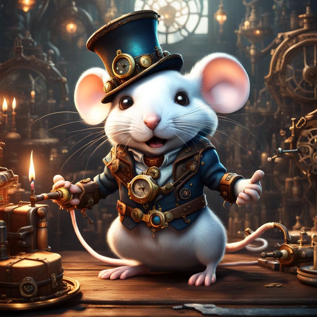 Steampunk White Mouse Celebrates Birthday in Detailed Art